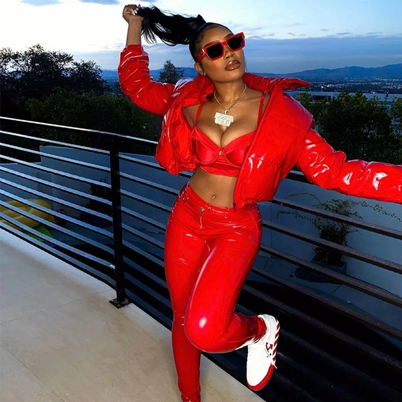 Women Fashion Bright Pu Solid Puffer Jacket Winter Warm Bubble Coats Shiny Leather Parkas Down Zipper Cropped Jackets Parkas