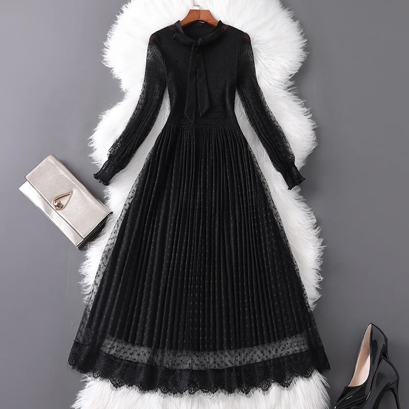 Women polka dot long sleeve black mesh dress gothic style bow collar stretch a-line elegant midi dresses 2019 autumn | Женская одежда