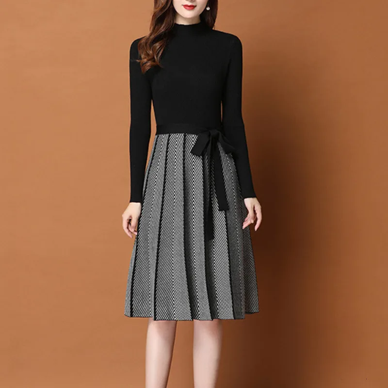

2020 Stripe A Line Knitting Sweater Bodycon Autumn Skater Hem Dress Warm Elegant Women Party With Sashes Pleated Dresses Female