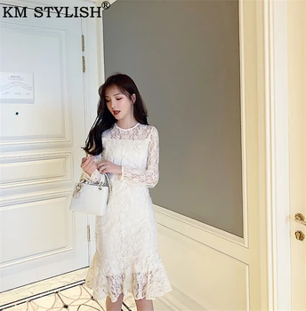 

KM STYLISH Women's Clothes Long Sleeve Dress 2019 Autumn New Beads Chic Vintage Romantic Apricot Lace Fishtail One-piece Dress