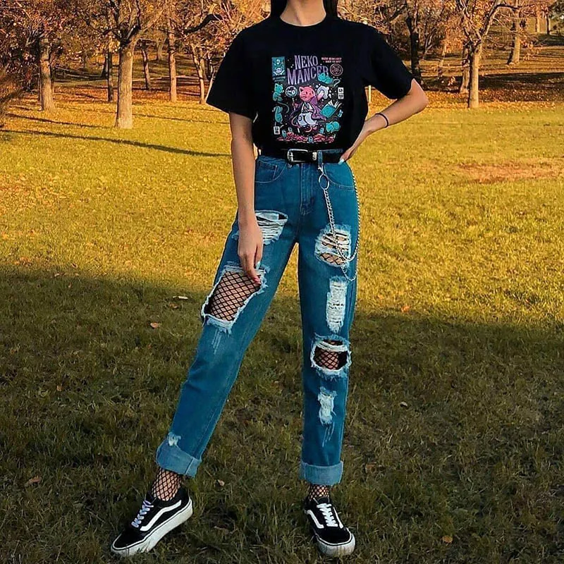 New Harajuku Gothic Women's T-Shirt Nekomancer Printed Short Sleeve Top and T-Shirt Fashion Casual T-Shirt Women's Clothing T-Sh