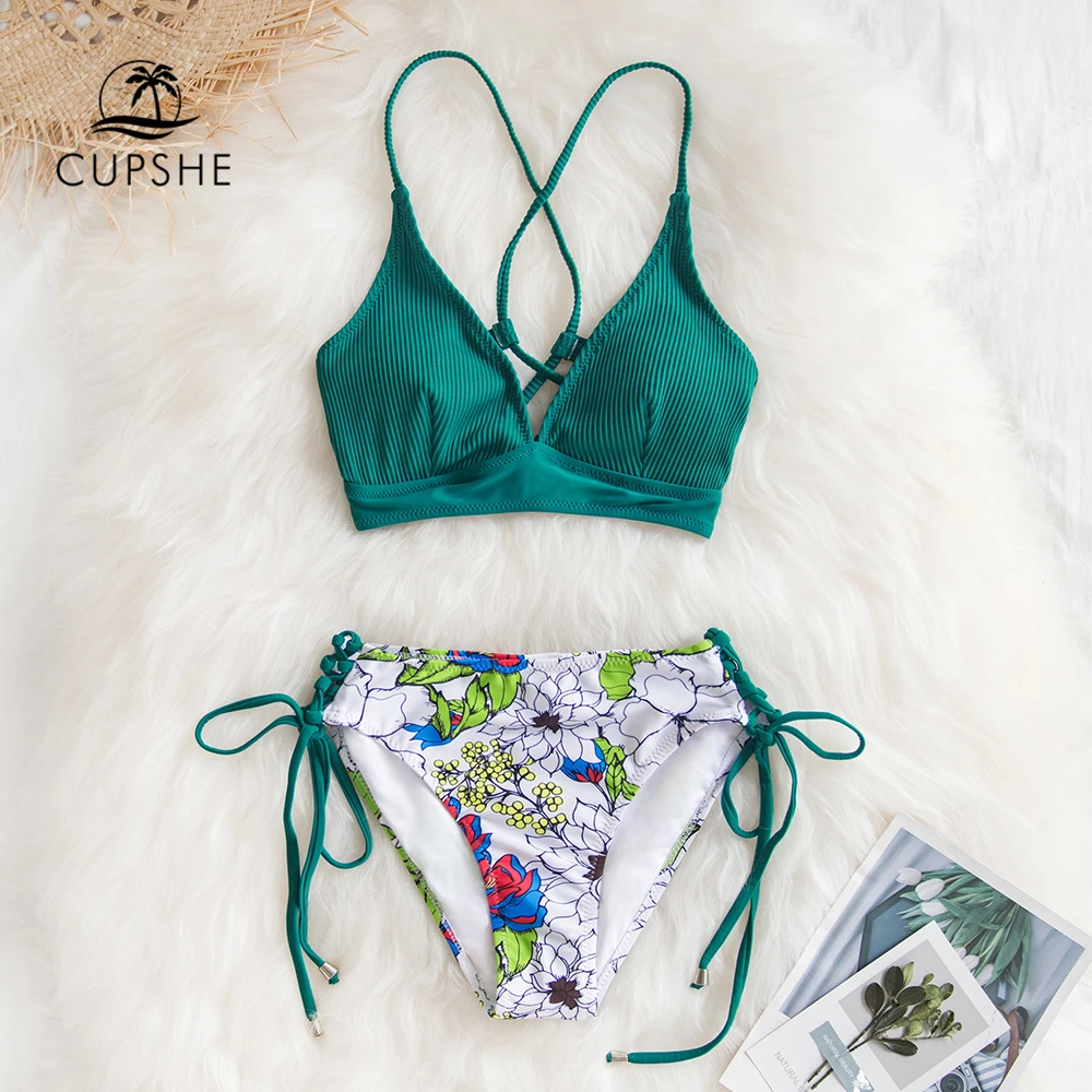 CUPSHE, сексуальные, синие, цветочные, на шнуровке, бикини, наборы, для женщин, бохо, v-образный вырез, два предмета, купальники,, для девушек, для пляжа, купальный костюм