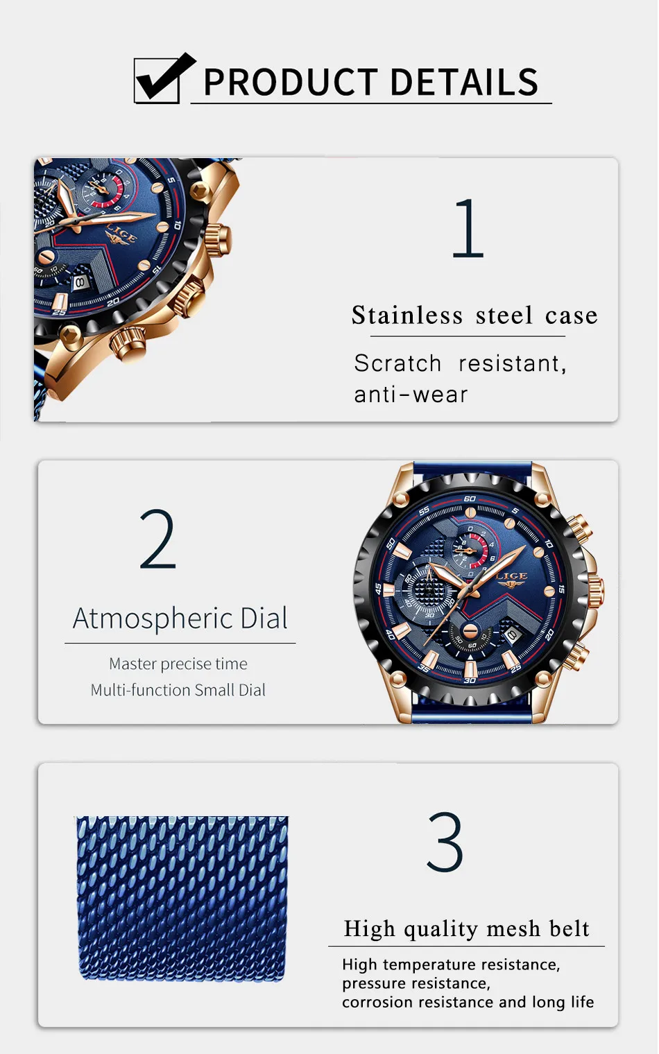 LIGE новые синие повседневные часы с сетчатым ремешком модные кварцевые золотые мужские часы топ брендовые роскошные часы с хронографом Relogio Masculino