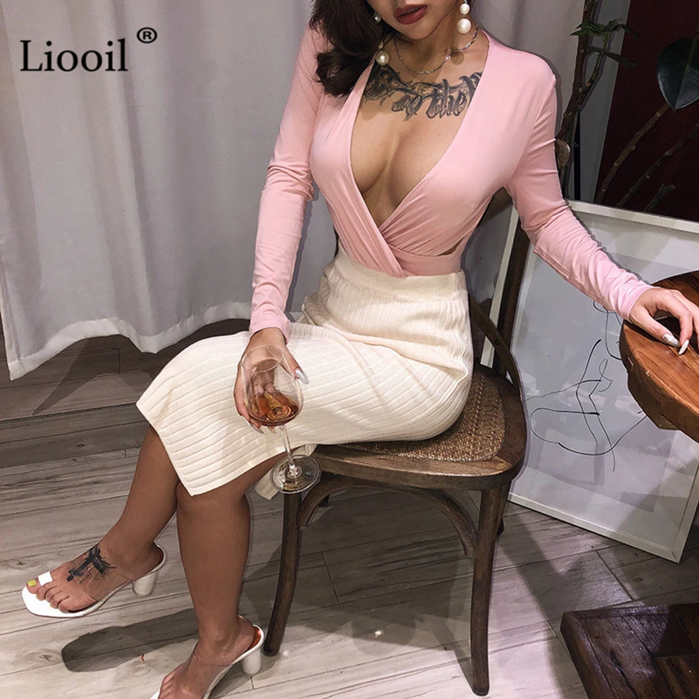 Liooil вязать сексуальный разрез Bodycon Миди юбка женская Осень Зима Высокая талия эластичный фестиваль низ вечерние Клубные узкая-карандаш