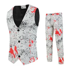 2020 New Mens Casual Vintage White Floral Print Slim Fit Suits with Pants Vest Plus Size 4XL Social Dress Two Pieces Suit