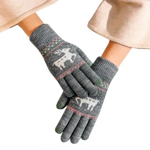 Vintage christmas deer knitted gloves women thicken touch screen gloves winter warm snow Elk full finger mittens christmas gift - Цвет: Grey