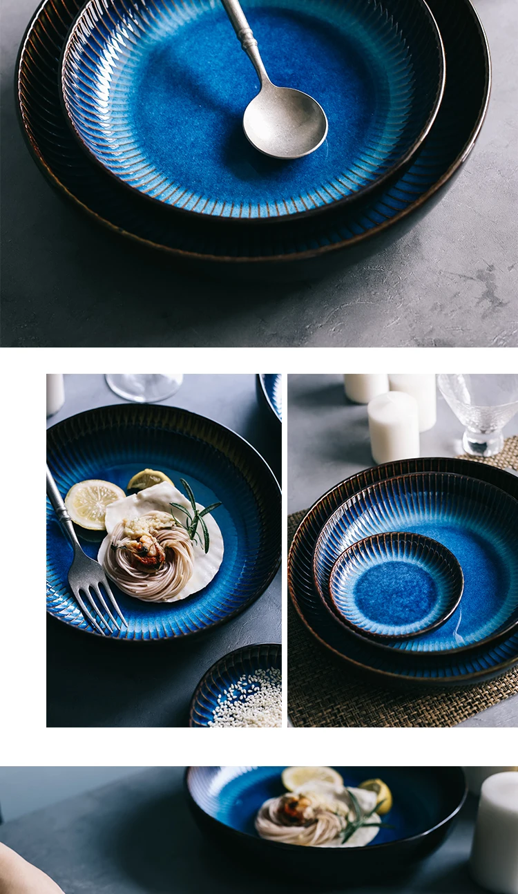 RUX WORKSHOP Japanese Western Ceramic Plate Steak dish Round breakfast plate Blue kitchen dining tableware Cake dessert plate