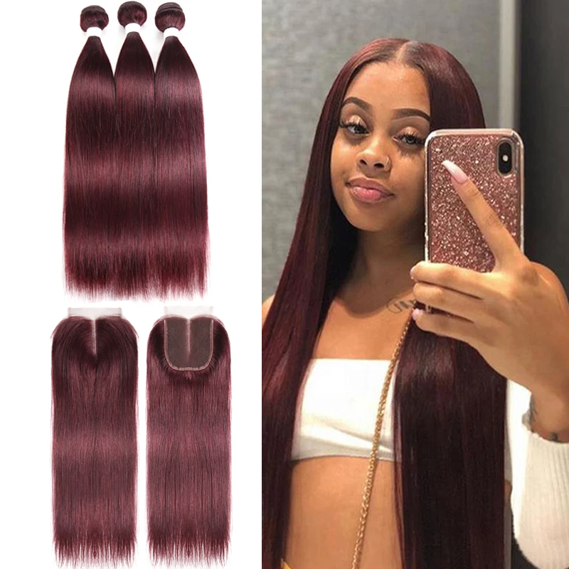 New Red Hair-Bundles Closure 99j/burgundy Colored Straight Brazilian with 4x4 Non-Remy-Kemy qzKRj7MGw