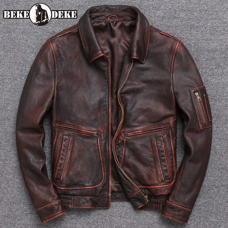 Мужская винтажная куртка Авиатор из натуральной воловьей кожи Классическая