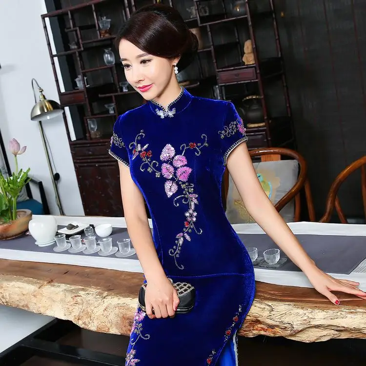Традиционное женское китайское современное платье Qipao с воротником мандарина, винтажное платье на пуговицах, Сексуальная Вышивка, Cheongsam, бархатный цветок, Vestidos - Цвет: Blue B