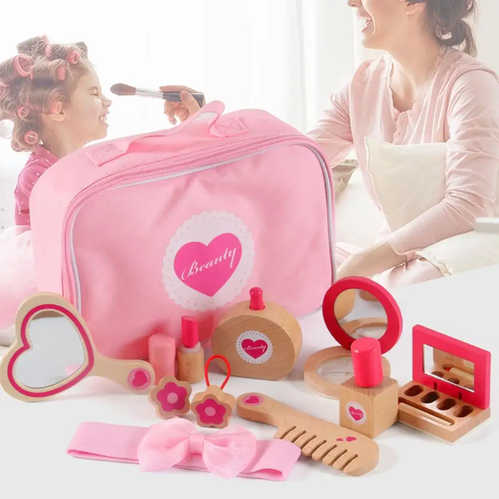 Wooden Cosmetic Toys Portable Makeup Toy Set Girl Dress Up Simulation Wooden Cosmetic Bag Play