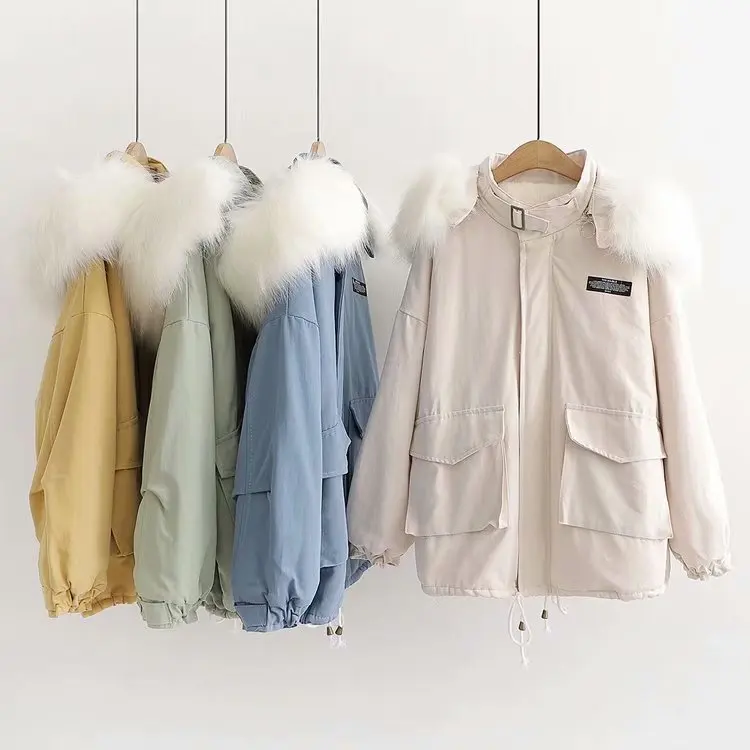 

Zhao-Labeling Rabbit Fur Large Fur Collar Cotton-padded Clothes Korean-style WOMEN'S Wear 2019 Winter New Style Pocket Hooded Co