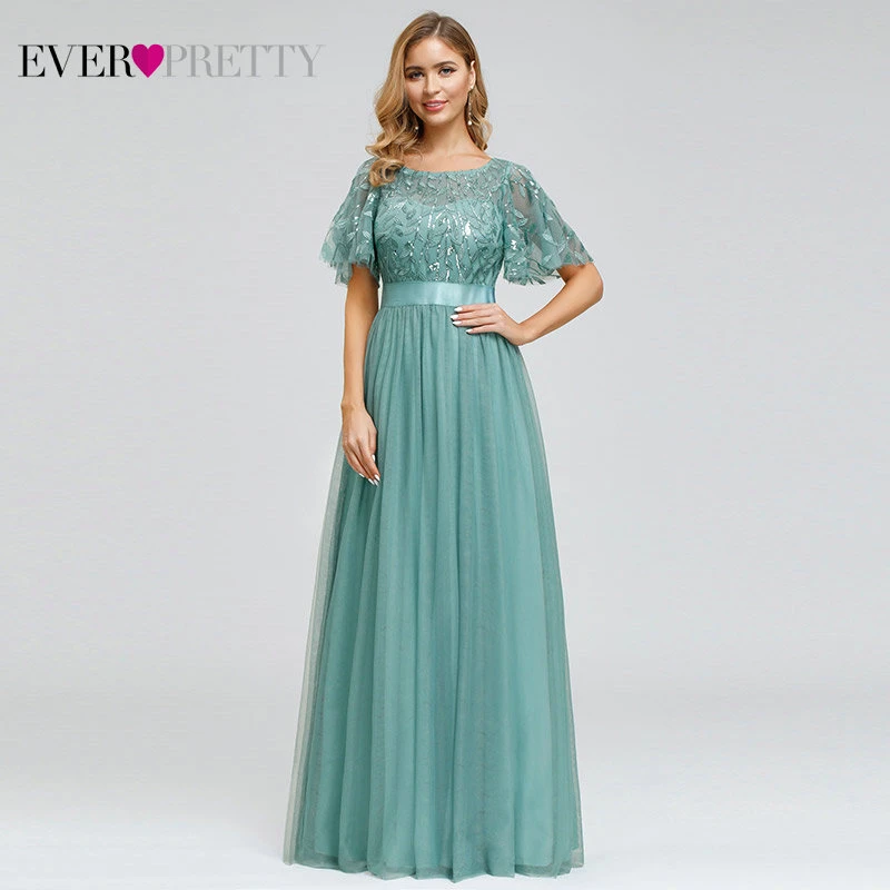 Robe De Soiree блестящие вечерние платья Длинные Ever Pretty EP00904GY A-Line o-образным вырезом с коротким рукавом Вечерние платья женские элегантные платья - Цвет: Blue