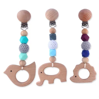 

1Pcs Silicone Bead Teether for Baby Cute Beech Wooden Animal Teether Toy Silicone Rattle Play Gym