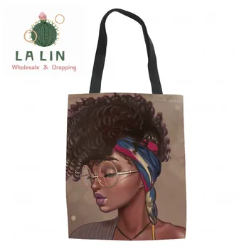 

LALIN Women Canvas Tote Bag Art African Black Girl Pattern Ladies Capacity Cloth Shopper Bags Female Foldable Shopping Bag Bolsa