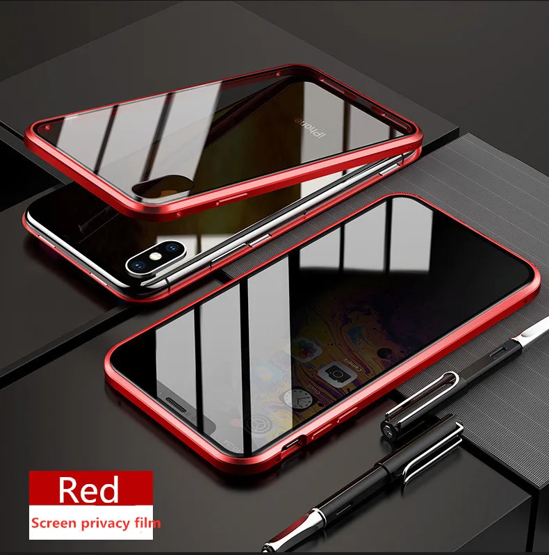 Red Magnetic Adsorption Metal Phone Case Anti-peep For iPhone 8 7 Plus Double Glass Magnet Cover For iPhone X XS MAX XR Sided Cases - Color: Red