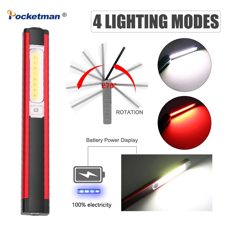LED COB Work Light USB Rechargeable White or Red Flashlight Magnetic Torch Flexible Inspection Hand Lamp Outdoor Spotlight