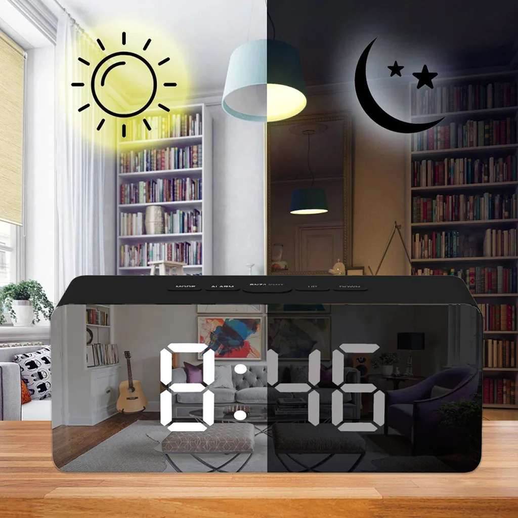 

LED Mirror Alarm Clock Digital Snooze Table Clock Wake Up Light Electronic Large Time Temperature Display Home Decoration Clock