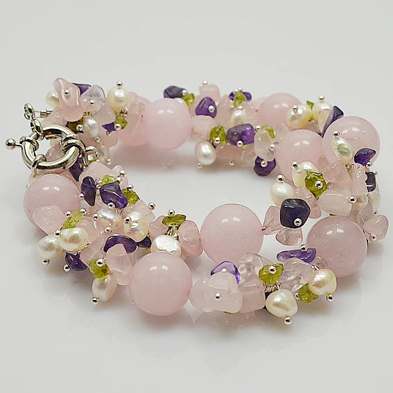 Special Pearl Jewelry set Handmade White freshwater pearl Pink Rose Quartz amethyst Olivene mixes necklace bracelet earrings