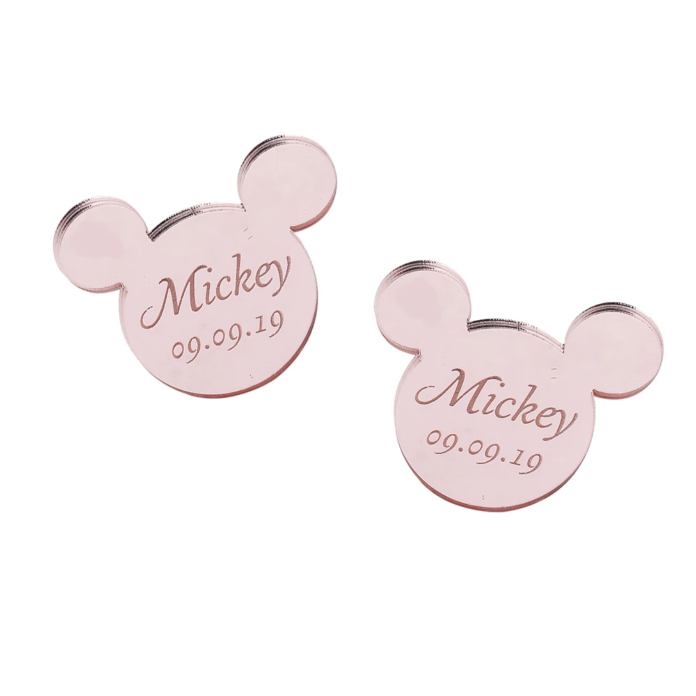 Style6 Pink 12 шт. персонализированные гравированное зеркало Микки Маус надписи имя карты метки ребенок душ украшение для вечеринки в день рождения 40 мм без отверстия - Цвет: Style6 Pink