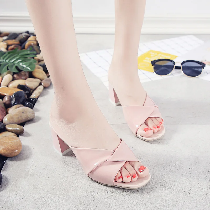 

Slipper Women's 2019 Summer New Style Korean-style Square Head-Style Leather Peep Toe Chunky Heel Versatile White Line-styled Hi