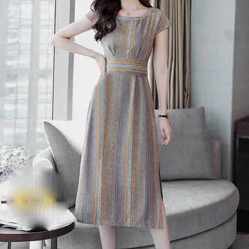 

Women Casual Stripe Printing O-Neck Short Sleeve Fork Opening Sexy Elegant Lady Mid-Calf Dress Female Vestidos Vestidos #BL5