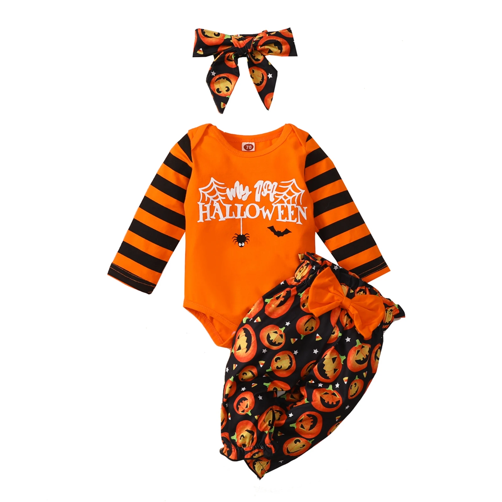 

Halloween Clothes For Newborns 2021 Fashion Letter Print Striped Long Sleeve Romper Pumpkin Print Long Pants Headband Baby Girls