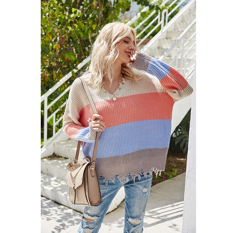 Новая контрастная Футболка с v-образным вырезом и длинным рукавом пуловер