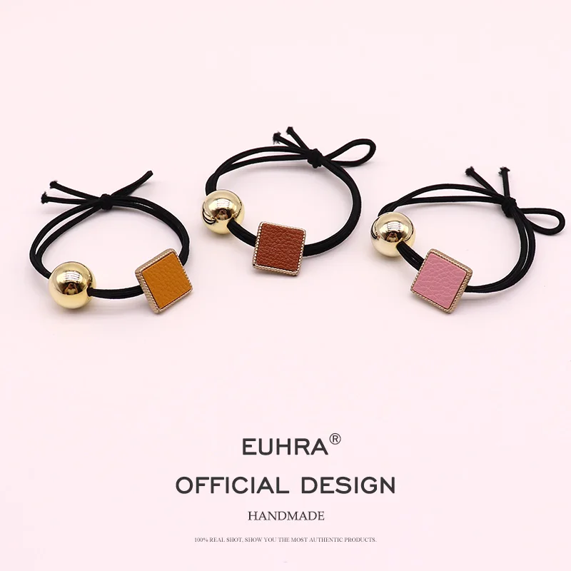 

EUHRA 5 Colors PU Leather Patch Bright Bead Girls Hand Knotted Women Elastic Hair Bands Kid Children Rubber Bands Top Quality