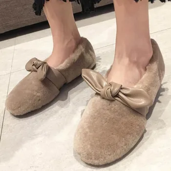 

Sweet Butterfly-knot Lambswool Flats Women Cozy Winter Warm Plush Fur Shoes Women Ballerina Comfortable Cotton Moccasins 2020