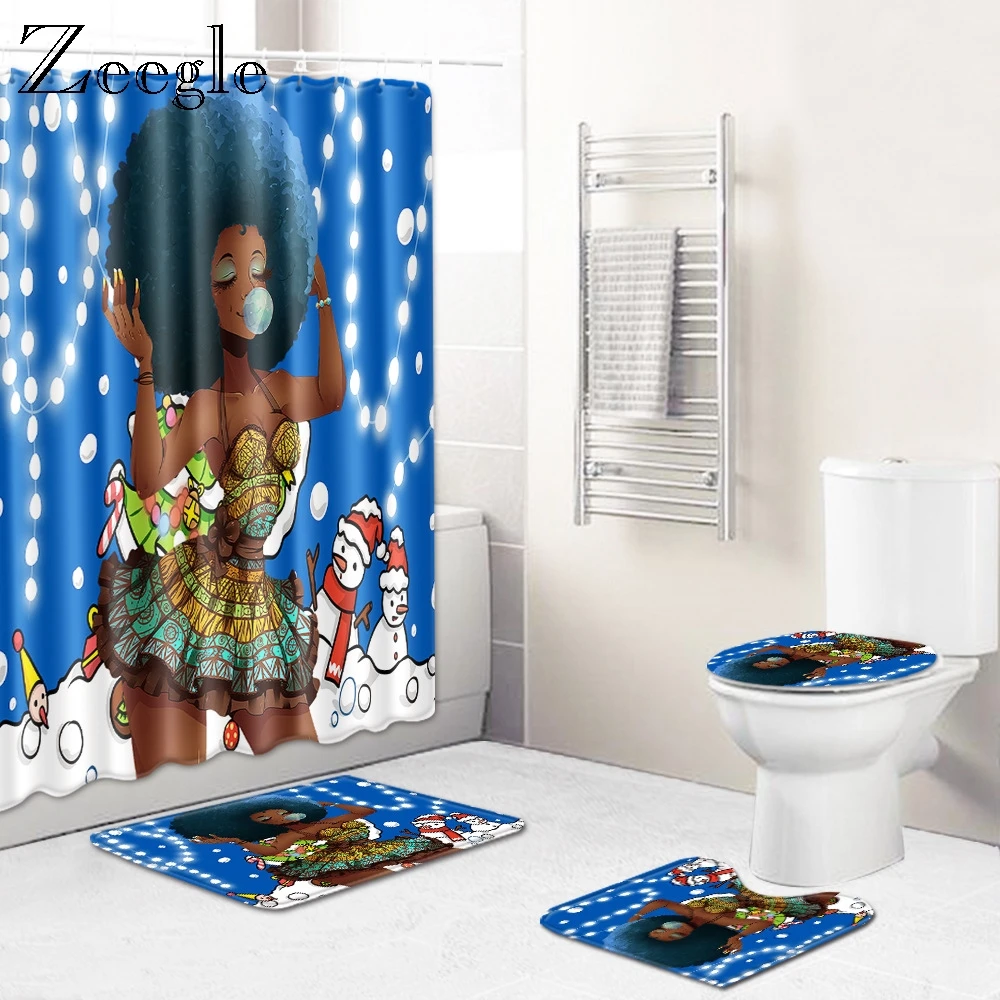 Zeegle Printed Cartoon Bathroom Set Bath Mat Toilet Shower Curtain Set 4pcs Bathmat Set Toilet Decoration Rug Bath Floor Carpet