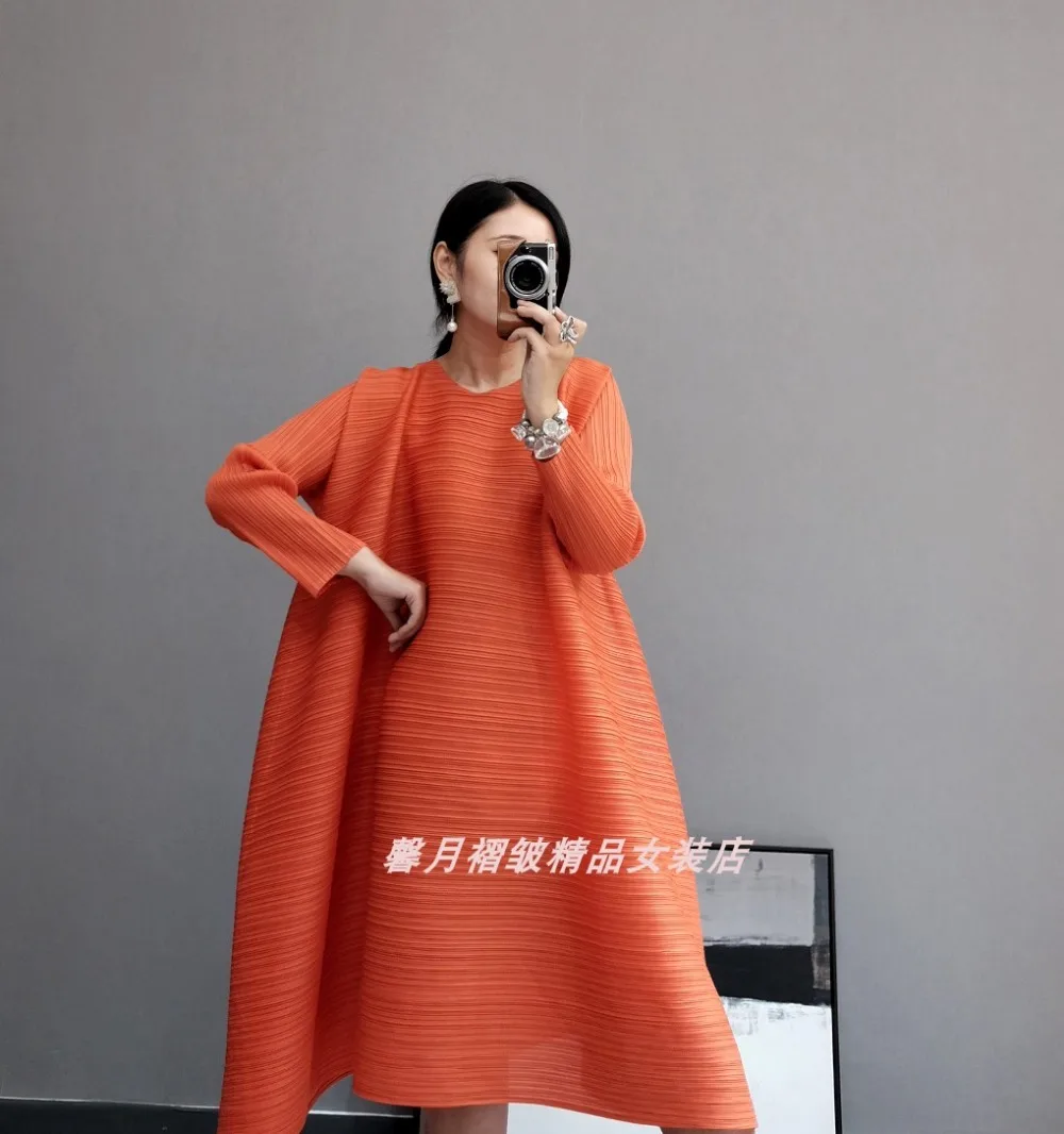 Лидер продаж Miyake модные однотонные складные с круглым воротником Длинные рукава большие трапециевидные платья