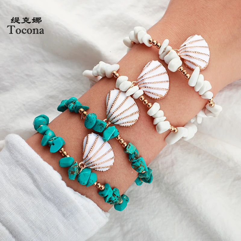 Tocona богемные браслеты с нутурным камнем для женщин Морской гребешок в виде ракушки золотые бусины ручной работы летние ювелирные изделия Прямая поставка 8602