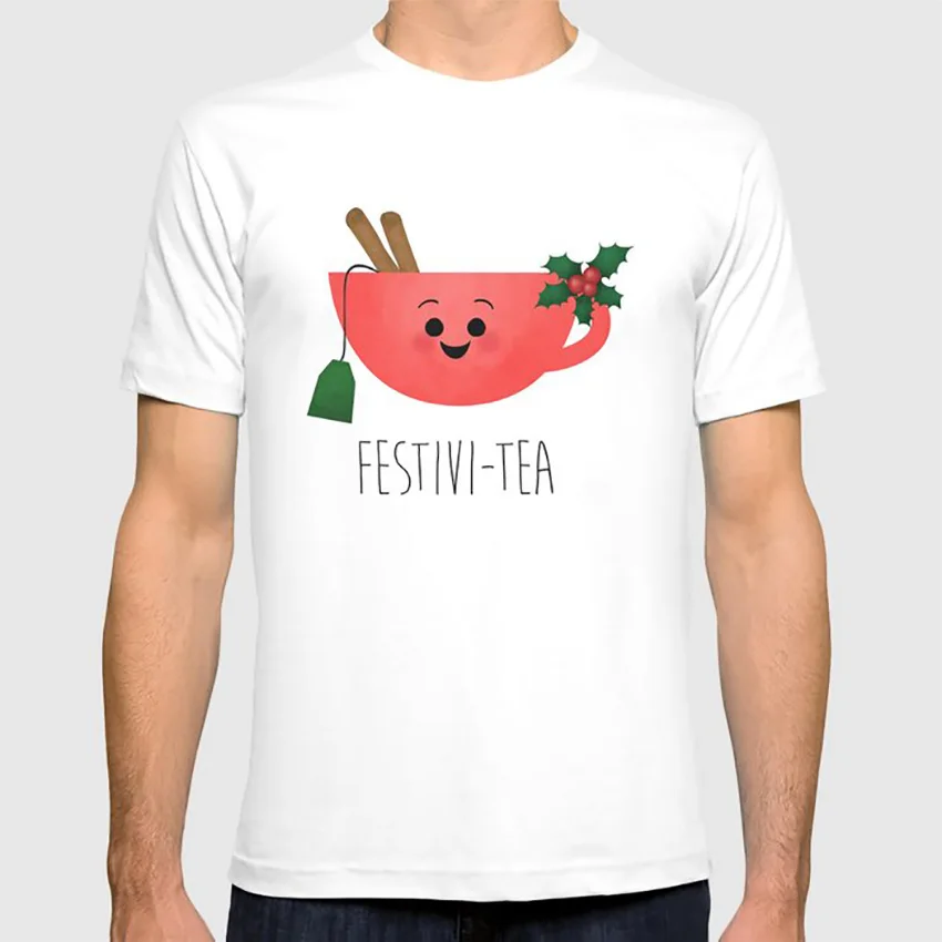 Festivi-tea футболка комический мультфильм чай праздничные праздники рождество холли счастливые праздники с Рождеством каламбур