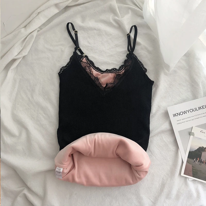 Women Velvet Lace Thermal Vest Fleece Second Thermal Slim Winter Warm Pajamas Underwear Vest Thick O Neck Female Pink Tank Tops