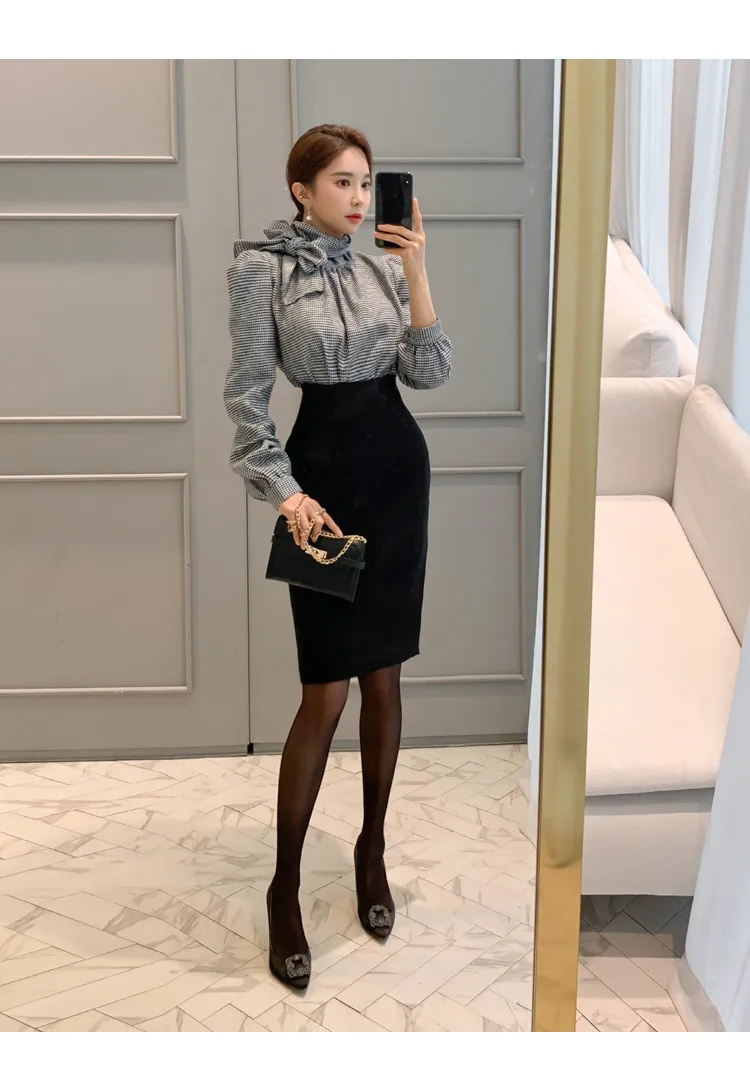 H Han queen офисный женский костюм из 2 предметов, женский весенний клетчатый костюм с бантом и модная Рабочая облегающая юбка-карандаш, повседневный офисный комплект