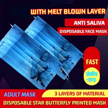 

50pcs/bag Disposable Face Mask 3 Layer Filter Earloop Anti Dust Smog Breathable Mouth Mask Adult Butterfly Print Mouth Face Mask