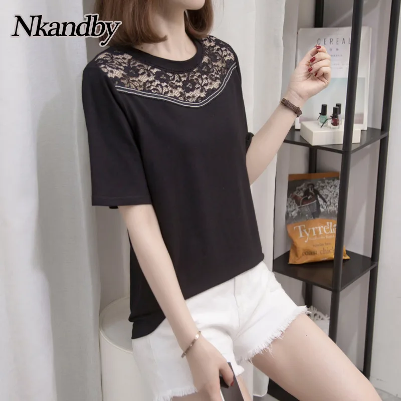 Nkandby-Camiseta de punto de talla grande para mujer, retales de encaje bordado, camiseta de manga corta, blusa básica suelta negra