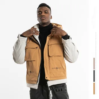 

Tide Brand Men's Hooded Multi-pocket Tooling Cotton Coat Thickened Short Cotton Jacket Stitching Warm Jacket