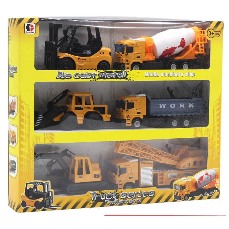 Juego de 6 unids/set de vehículo de juguete de ingeniería fundido a presión, escala 1:50, regalo para niños, camión, carretilla elevadora, excavadora, Tractor mezclador, juguetes para niños