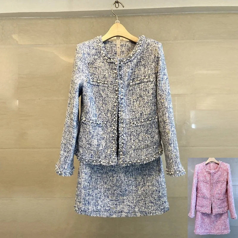 

2020 Thick Tweed Temperament Two-piece Set Socialite Small Xiangfeng Suit Female Pink Coat + Half Body Skirt