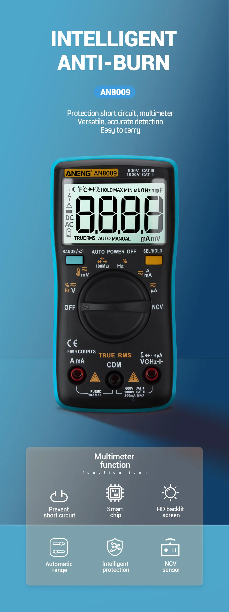 Карманный цифровой мультиметр 9999 граф True-RMS Авто Диапазон NCV Омметр AC/DC Амперметр напряжения Ток Электрический тестер тест