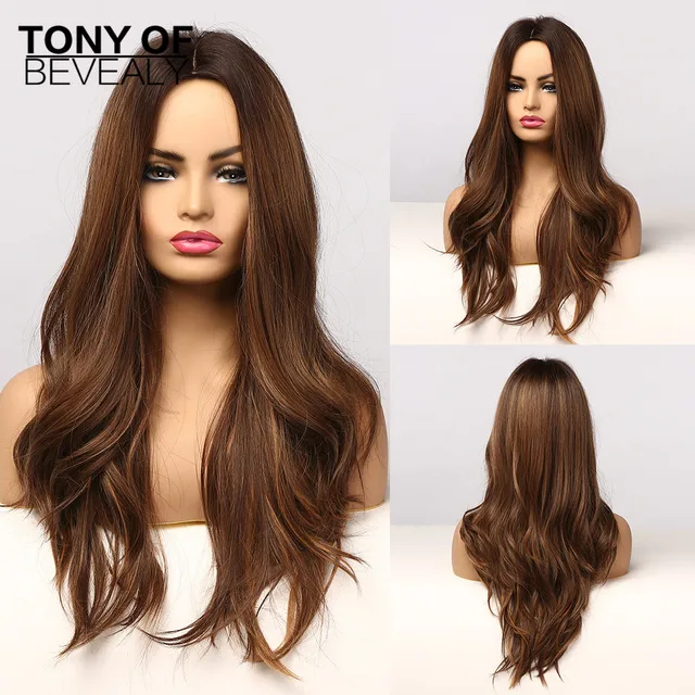 Long Water Wavy Synthetic Wigs Ombre Brown Middle Part Natural Hair Wigs For Women Cosplay Wigs Heat Resistant Fiber lc010-1