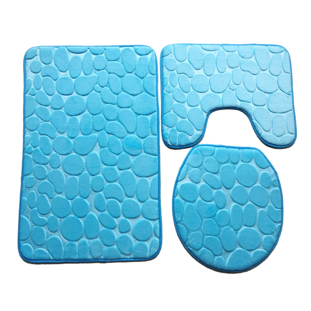 Синий 3pcs Durable Floor Memory Foam Cover Liner Washable Bathroom Mat Set Home Anti Slip Bath Rugs Flannel Shower Carpets Toilet Lid - Цвет: Синий