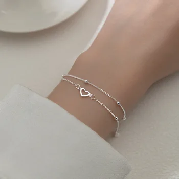 VENTFILLE Silver Double Love Heart Hollow Round Beads Bracelet Female Fashion Romantic Jewelry Classic Adjustable