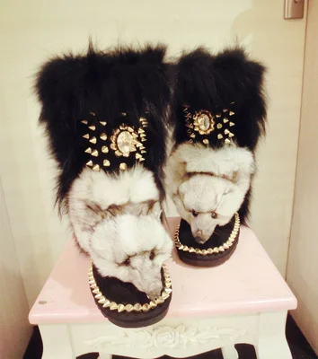 

High-end punk leather gold rivets rhinestones gem fur real fox fur high snow boots women QIAOJINGREN