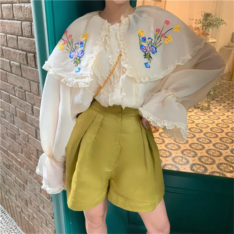 Goedkoop Alien Kitty Retro Borduren Bloemen Zoete Ruches Abrikoos Prairie Chic Dunne Fee Vrouwelijke Flare Mouwen Peter Pan Kraag Shirts