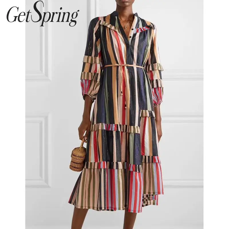 

GetSpring Women Dress Striped Patchwork Nine Sleeve Dress Stand Collar Single Breasted Shirt Dresses Vintage Long Dresses Autumn