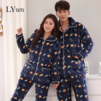

LYun Couple pajamas supporting thick flannel pajamas men's winter coral fleece lapel pajamas women warm sleep suit color2019new