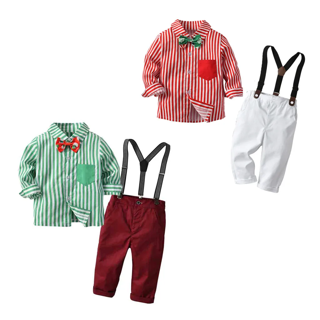 Одежда для маленьких мальчиков, Рождественский Костюм Джентльмена: рубашка в полоску с галстуком-бабочкой+ штаны